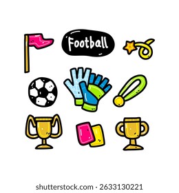 A set of vibrant hand-drawn illustrations depicting football-related icons, including soccer balls, gloves, flags, and integration of trophies, medals, and yellow and red referee cards.