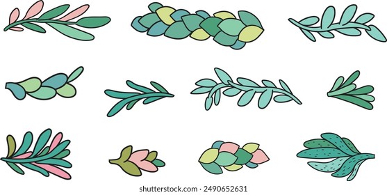 Set of vibrant hand-drawn succulent leaf and branch vector illustrations in various designs. Perfect for nature-inspired cacti graphic design projects and artwork. Cactus art collection.