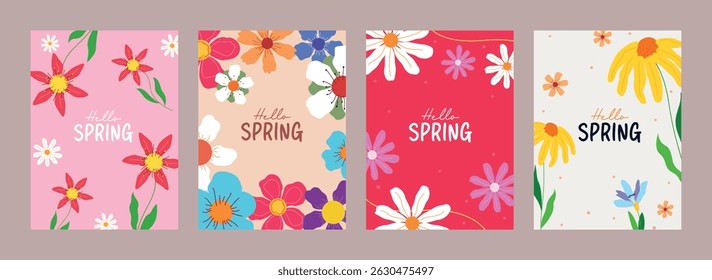 Conjunto de desenhos vibrantes de cartões comemorativos "Hello Spring" com flores coloridas desenhadas à mão e fundos alegres. Ideal para promoções sazonais, cartazes ou gráficos de mídia social.