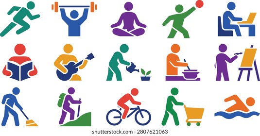 A set of vibrant icons showing people engaging in different actions and leisure pursuits