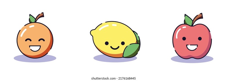 Set Of Vibrant Illustrations Of Emoji Orange, Lemon, Apple. Perfect For Web Sites, Articles, Books, Apps Etc 