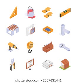 A set of vibrant isometric icons depicting various construction tools and materials