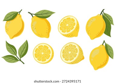 Um conjunto de ilustrações vibrantes de limão com frutas inteiras com folhas, metades de seção transversal e folhas verdes separadas.
