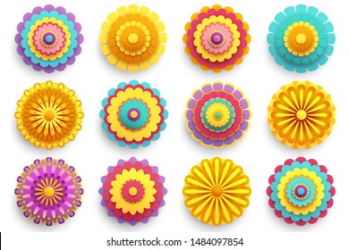 Set of vibrant modern 3d flower isolated on white background. Collection of stylized colorful chrysanthemum and sakura- japanese cherry tree. Graphic design element, icon or logo. Paper cut art vector