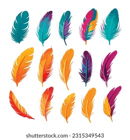 Set of vibrant multicolored feathers arranged on a clean white background
