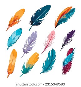 Set of vibrant multicolored feathers arranged on a clean white background