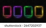 Set of vibrant neon frames isolated on transparent background. Glowing rectangular borders in pink, violet, green and yellow colors. Gradient bright futuristic shapes, modern laser design elements.