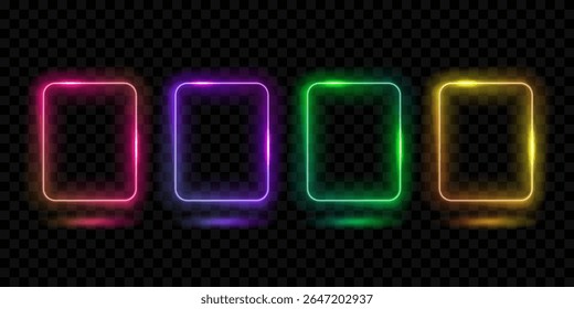 Set of vibrant neon frames isolated on transparent background. Glowing rectangular borders in pink, violet, green and yellow colors. Gradient bright futuristic shapes, modern laser design elements.