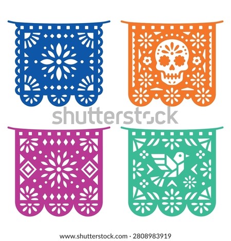 A set of vibrant papel picado flags with intricate cut-out designs, featuring a skull, bird, and floral patterns in blue, orange, pink, and green hues.