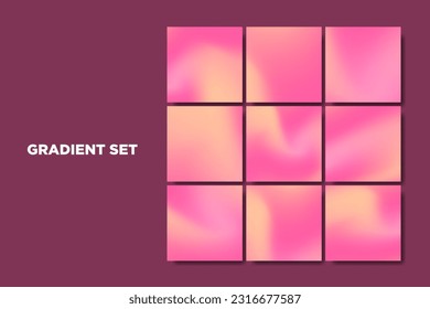 Set of vibrant pastel sunrise color designs with flowing watercolor hues. Swirling gradient mesh in shades of pink, red, and magenta. Rose and salmon pink gradient background. EPS 10 svg