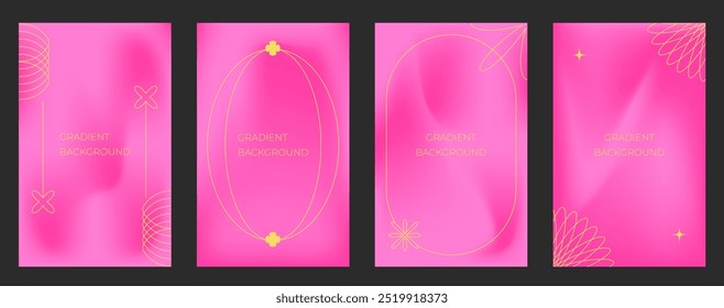 Set of vibrant pink aesthetic poster gradient backgrounds with yellow line shape designs. Perfect for digital art, wallpapers, social media, and modern graphic design projects