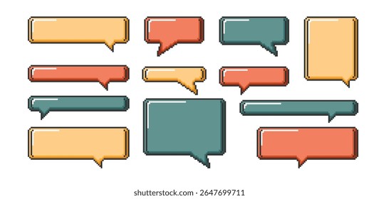 Set of vibrant pixel icons of speech bubbles. Retro 8 bit shapes in pixel art.