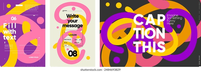 Un conjunto de carteles vibrantes con áreas de texto personalizables y leyendas, ideal para campañas de marketing modernas. Los diseños incorporan colores llamativos y Formas abstractas.