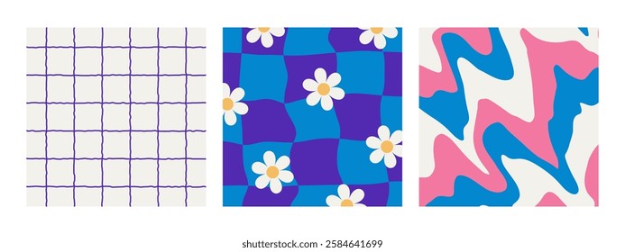 Set of vibrant psychedelic checkerboard backgrounds, patterns in trippy y2k style. Wavy grid distortion, bold geometric shapes, colorful hippie texture, flowers.