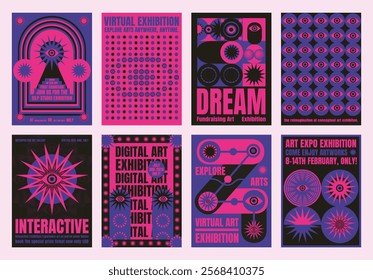 Set of vibrant psychedelic exhibition posters with bold, abstract designs. Digital art, virtual exhibition, and interactive elements in pink and blue. Psychedelic retro poster template vectors.