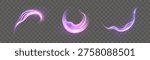 A set of vibrant purple swirl light trail effects with vibrant shimmer and trailing light. Vector light effects for design and illustrations.