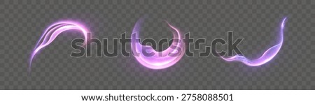 A set of vibrant purple swirl light trail effects with vibrant shimmer and trailing light. Vector light effects for design and illustrations.