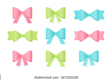 Set of vibrant realistic ribbons or bows. Decoration for party or birthday card. Applicable for holiday, party decor. Bows for presents, gifts. Vector illustration