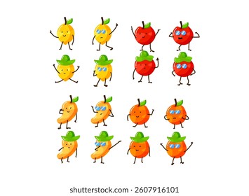 set of vibrant retro groovy fruit cartoon character in pastel color