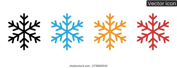 Un conjunto de copos de nieve vibrantes en negro, azul, naranja y rojo sobre un fondo blanco nítido, perfecto para diseños de invierno y vacaciones