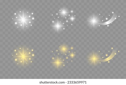 Conjunto de elementos de estrellas vibrantes, luz estelar, luz, foco. Luces transparentes de color blanco y dorado, explosión, brillantes glints, rayos solares, ilustración vectorial.