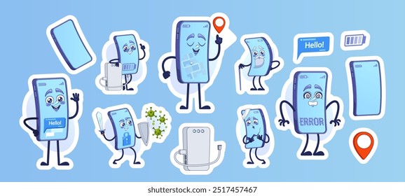 Conjunto De Adesivos Vibrantes Com Característica Smartphone Com Expressões E Ações Variadas. Cartoon Vetor Telefone celular