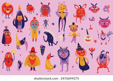 Un conjunto de vibrantes y extrañas ilustraciones encantadoras con mágicos místicos esotéricos mágicos símbolos góticos para la fiesta de Halloween