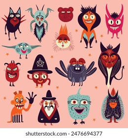 Un conjunto de vibrantes y extrañas ilustraciones encantadoras con mágicos místicos esotéricos mágicos símbolos góticos para la fiesta de Halloween