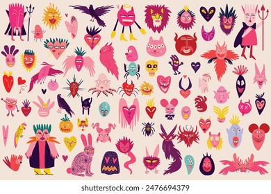 A set of vibrant strange charming illustrations with magical mystical esoteric magical Gothic symbols for the Halloween holiday