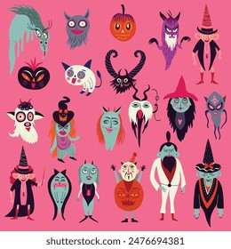 A set of vibrant strange charming illustrations with magical mystical esoteric magical Gothic symbols for the Halloween holiday