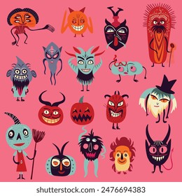 Un conjunto de vibrantes y extrañas ilustraciones encantadoras con mágicos místicos esotéricos mágicos símbolos góticos para la fiesta de Halloween