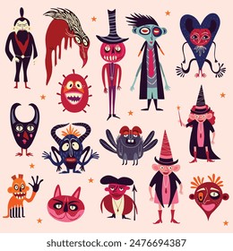 A set of vibrant strange charming illustrations with magical mystical esoteric magical Gothic symbols for the Halloween holiday