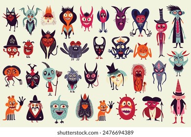 Un conjunto de vibrantes y extrañas ilustraciones encantadoras con mágicos místicos esotéricos mágicos símbolos góticos para la fiesta de Halloween