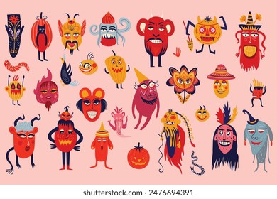 A set of vibrant strange charming illustrations with magical mystical esoteric magical Gothic symbols for the Halloween holiday
