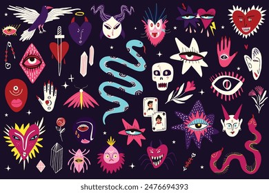 Eine Reihe von lebendigen, seltsamen, charmanten Illustrationen mit magischen mystischen, esoterischen und gotischen Symbolen für den Halloween-Feiertag