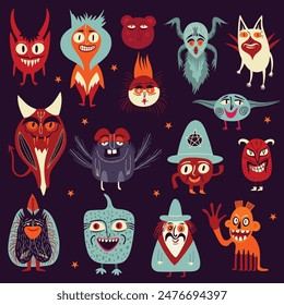 A set of vibrant strange charming illustrations with magical mystical esoteric magical Gothic symbols for the Halloween holiday