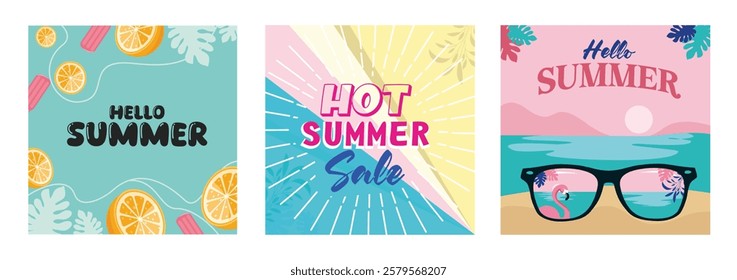 A set of vibrant summer-themed illustrations. Featuring refreshing elements and dynamic typography. Summer concept. Flat vector illustration.