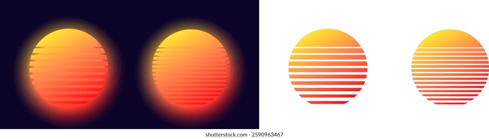 A set of vibrant sun icons featuring horizontal stripe patterns in warm gradient hues.