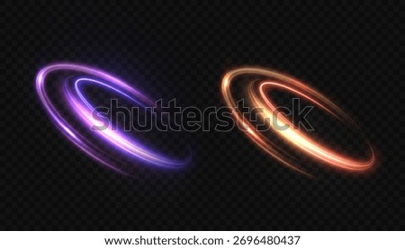 A set of vibrant swirls of bright oval orange-purple light trails with vibrant shimmer and highlights. Vector light effect for design and illustrations, isolated on a dark background.