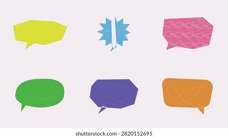 A set of vibrant, textured speech bubbles with unique geometric shapes and pattern overlays. Ideal for comic books, social media banners, chat apps, promotional banners, message templates, and creative graphic design projects.

#SpeechBubble #TexturedDesign #VectorArt #ComicStyle #GraphicDesign #ChatBox #DesignElements #CreativeAssets #TextFrame #VectorIllustration