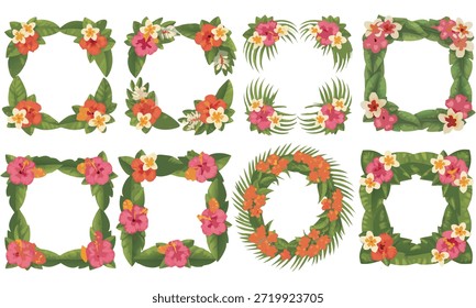 Un conjunto de vibrantes marcos florales tropicales con hibiscos y otras flores coloridas con exuberantes hojas verdes. Perfecto para invitaciones, tarjetas de felicitación y diseños inspirados en la naturaleza.