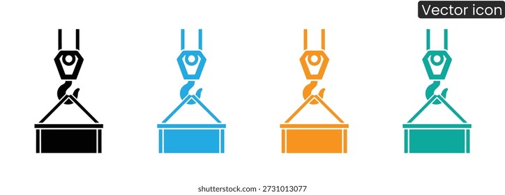 Set of vibrant vector icons depicting crane hooks lifting boxes in multiple colors for commercial use