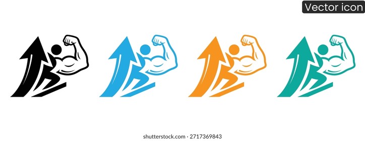 Conjunto de iconos vectoriales vibrantes con hombre fuerte con brazo flexionado y flecha, que simboliza el crecimiento y el éxito