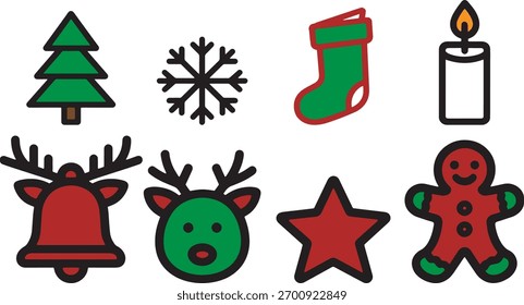 set of A vibrant vector illustration set of Christmas tree icons with decoration balls, stars, for the winter holiday season celebration	