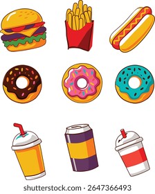 Set of vibrant vector illustrations featuring popular fast food items like hamburgers, french fries, hotdogs, various donuts, and refreshing drinks
