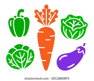 A set of vibrant vegetable icons featuring a large orange carrot, green pepper, two green cabbages, and a purple eggplant in a simple, flat style