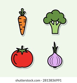Set of vibrant vegetable stickers featuring carrot broccoli tomato and onion isolated on light background for menu design or print.