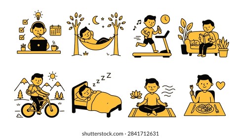 Set of vibrant yellow flat vector icons showing various daily life activities