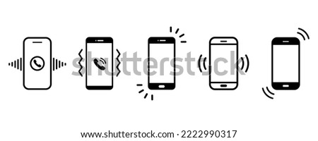 Set of vibration and ringing phone vector icons on white background. Signal on smartphone. Incoming notification. Line icon.