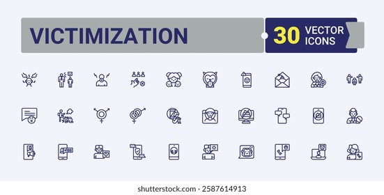 Set of Victimization line icons. Contains related to equality, people, woman, sex, harassment, male, assault, female and more. Simple line vector. Editable vector art.